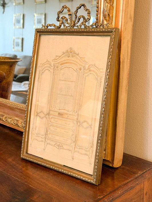Large Watercolor & Pencil Cabinet Design in Bronze Gilt Frame