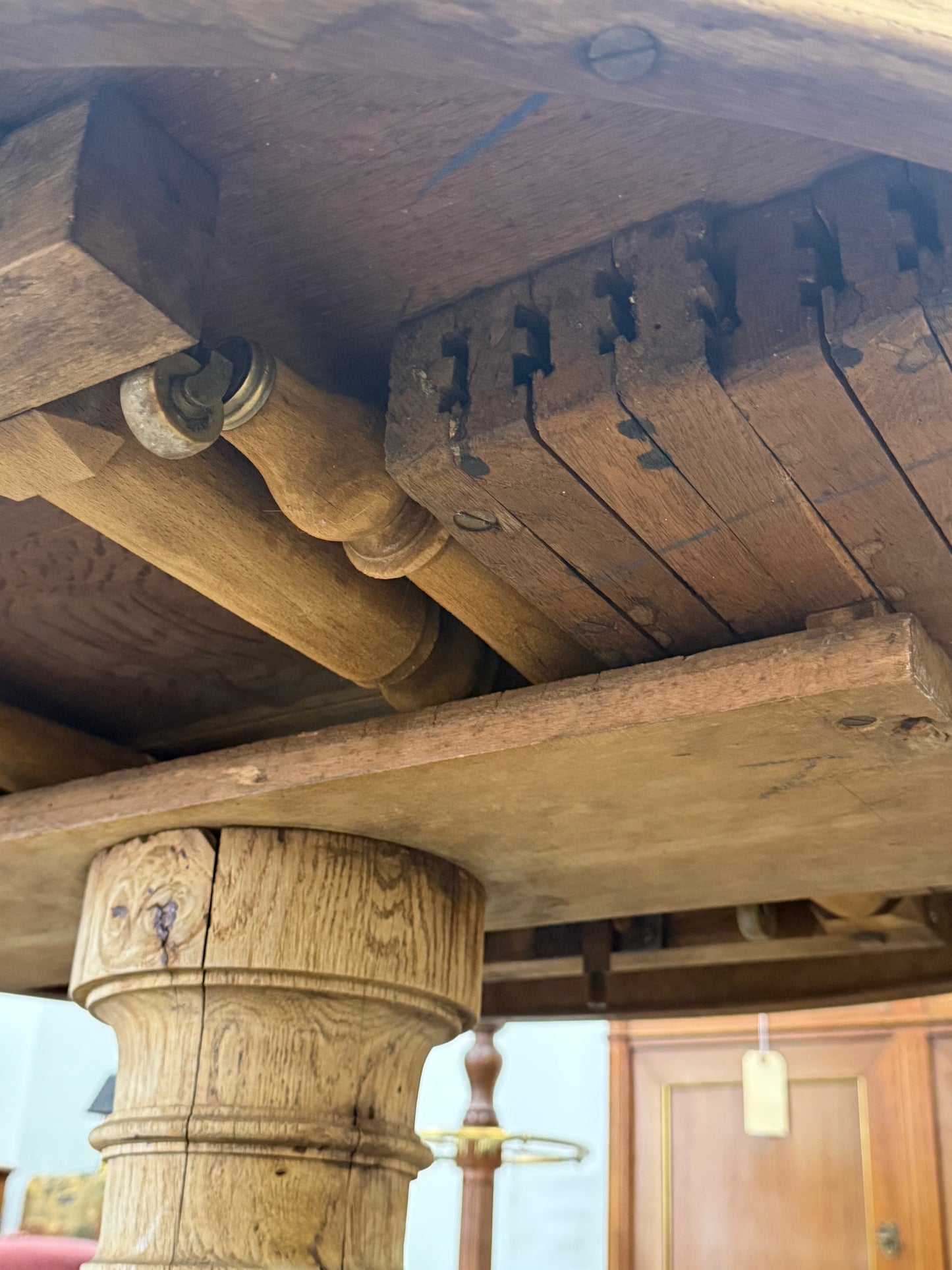 Bleached Carved Extension Dining Table with Center Pedestal Base