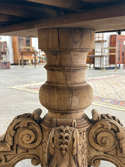 Bleached Carved Extension Dining Table with Center Pedestal Base