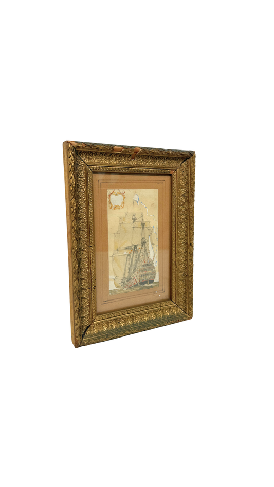 French Maritime Watercolor in Gilt Frame