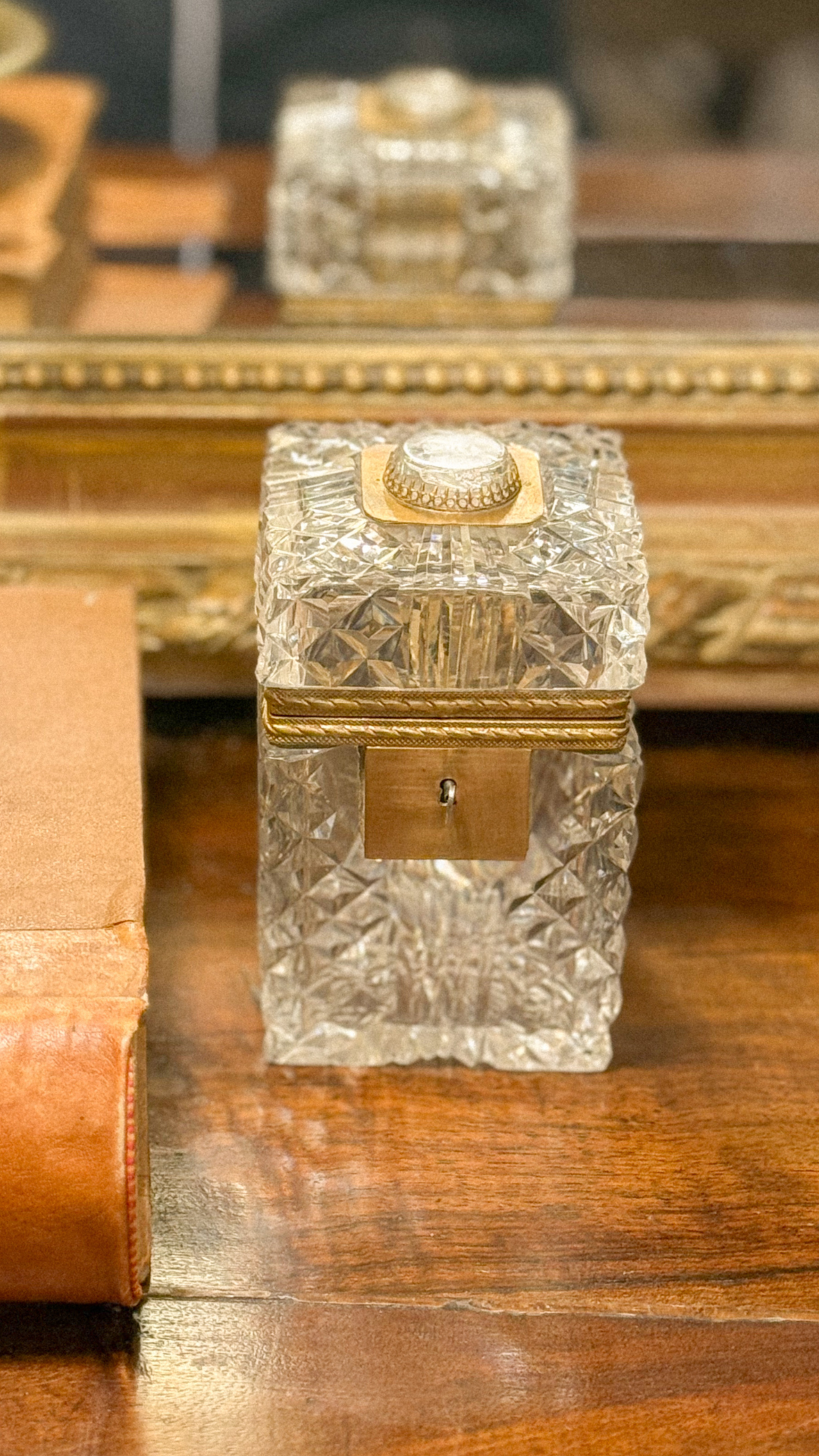 Antique French Diamond-Cut Crystal Casket with Medallion