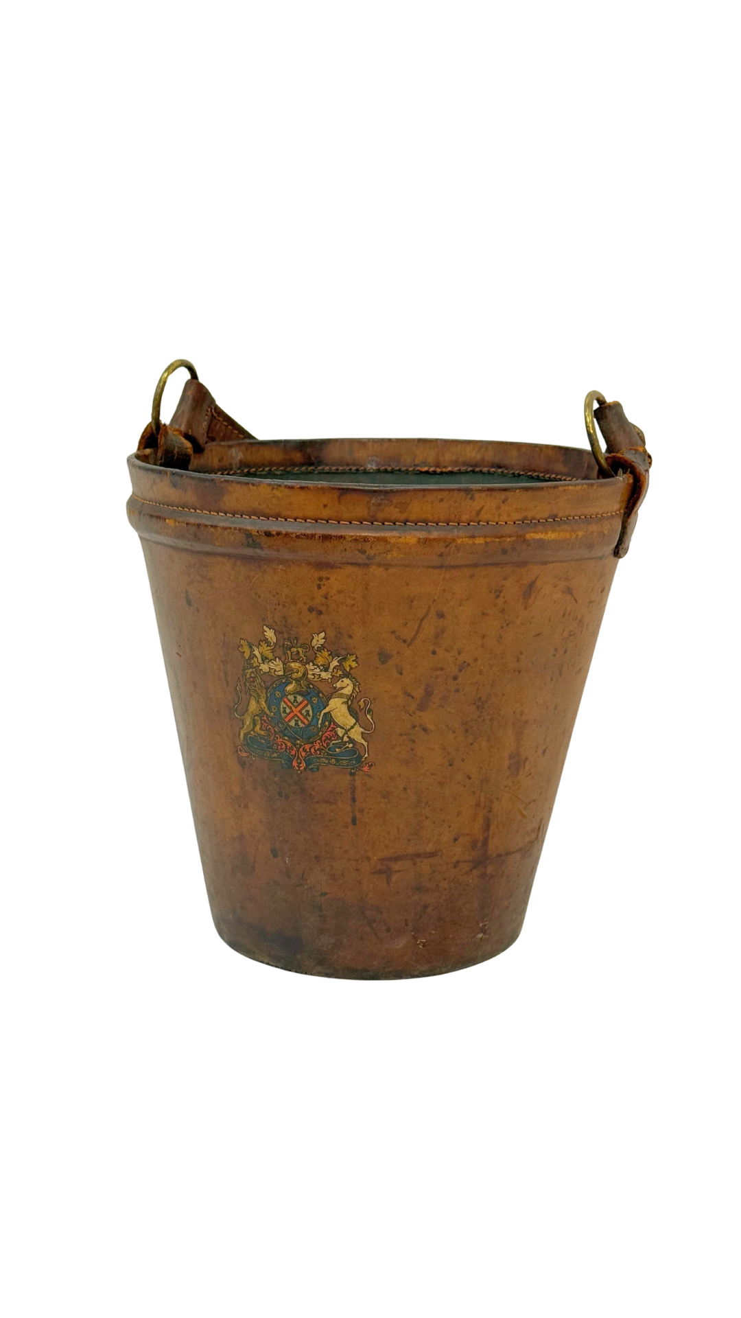 19th-Century English Leather Fire Bucket with Armorial Crest