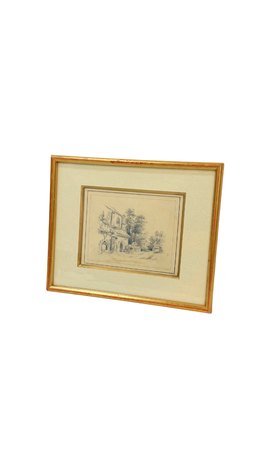 19th-Century French Pencil Sketch of a Ruin