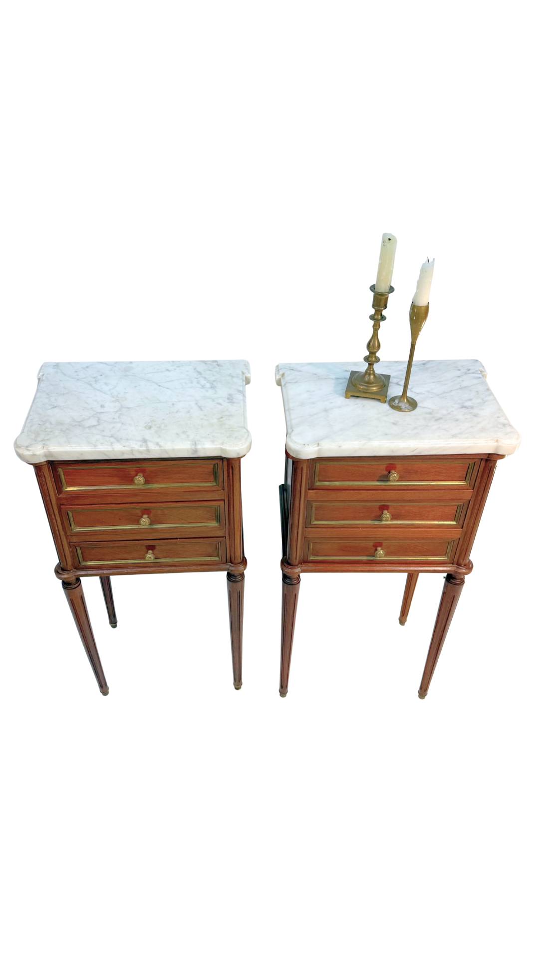 Pair of French Louis XVI Style Mahogany & Marble Nightstands