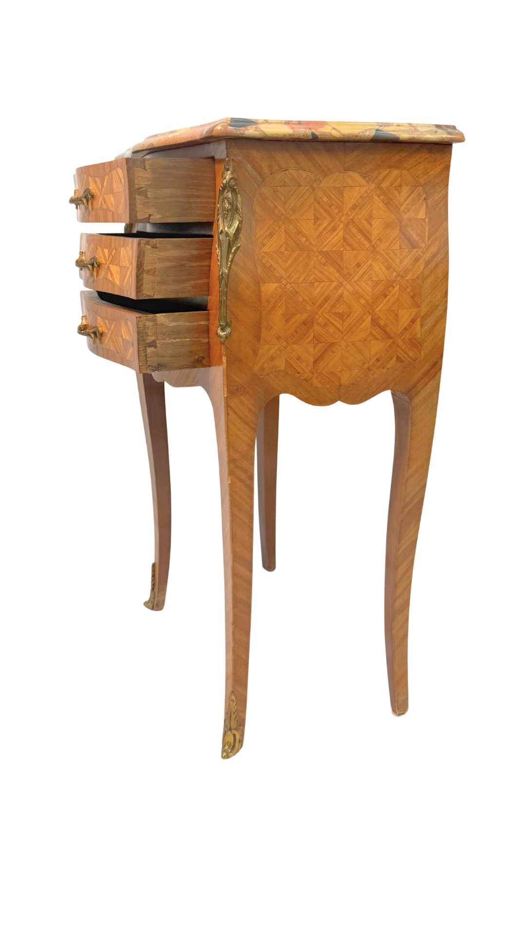 French Louis XV Style Parquetry Side Table with Breccia Marble Top