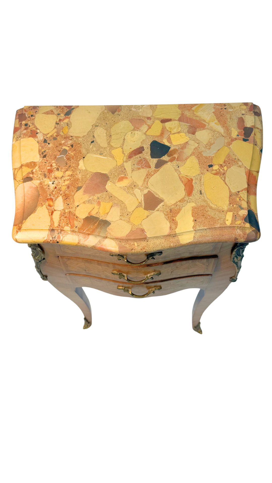 French Louis XV Style Parquetry Side Table with Breccia Marble Top