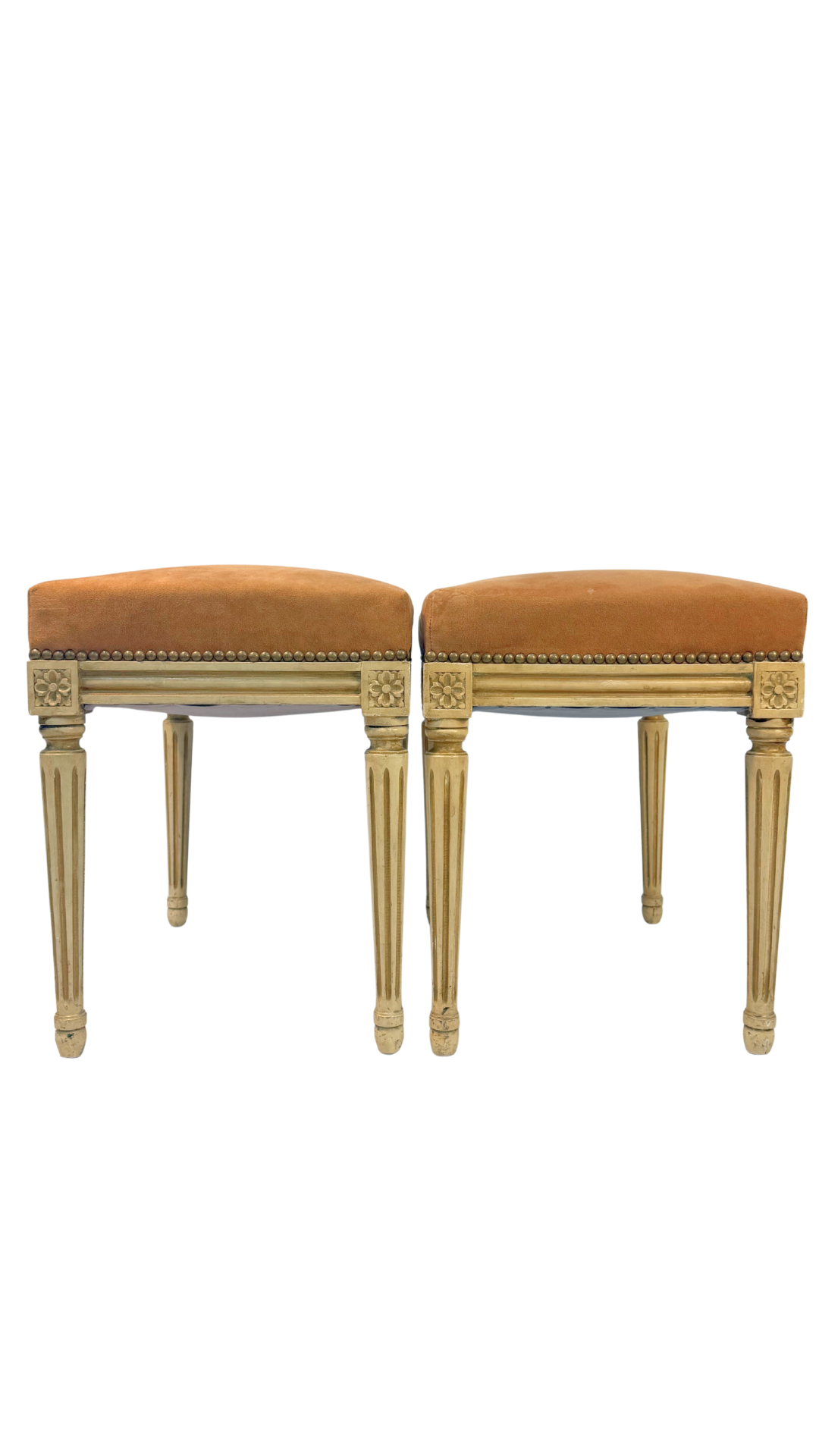 Pair of French Louis XVI Style Painted Benches with Peachy Suede Upholstery