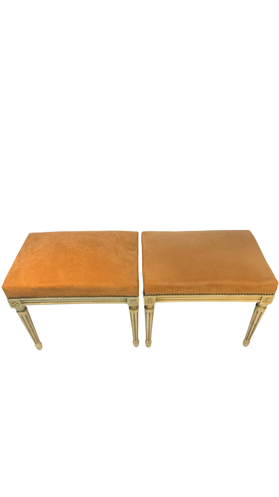 Pair of French Louis XVI Style Painted Benches with Peachy Suede Upholstery