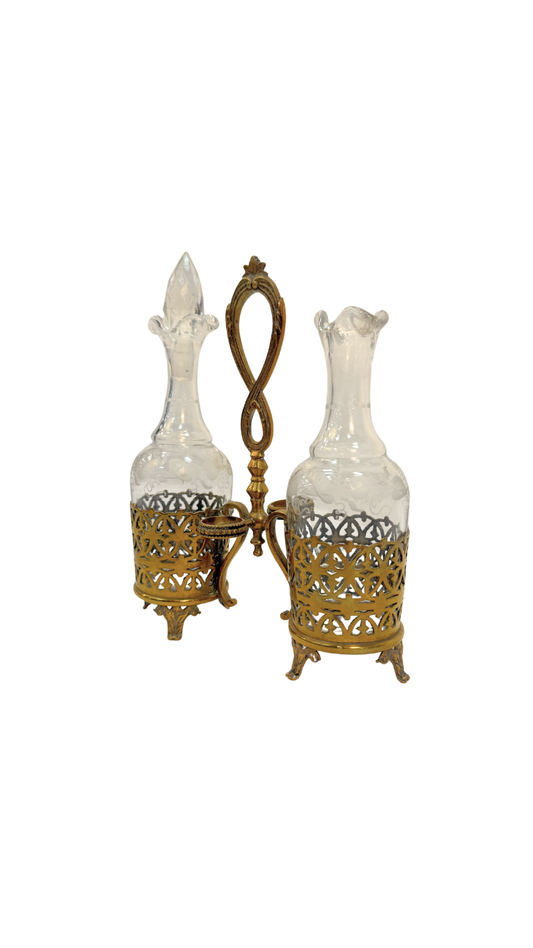 Etched Glass and Gilt Brass Cruet Set
