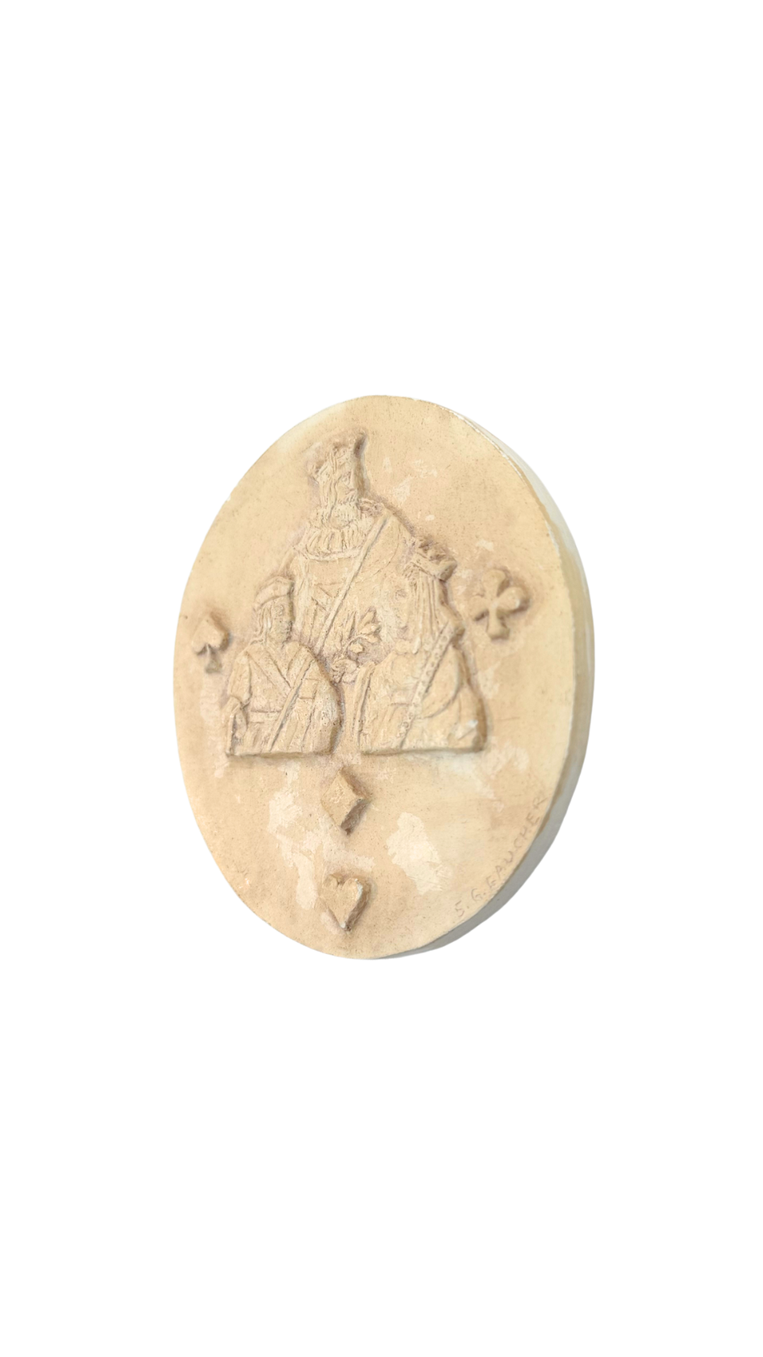 French Plaster Medallion S.G. Faucher, “Les Trois Figures du Jeu”, Tan