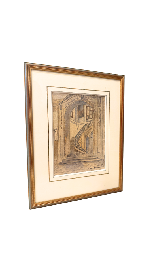 French Architectural Interior Watercolor Drawing