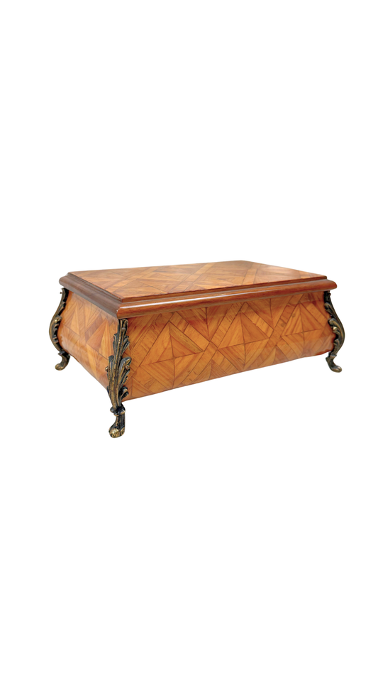 Vintage Parquetry Jewelry Casket with Brass Feet