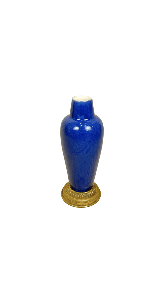 French Cobalt Porcelain Vase with Gilt Bronze Base