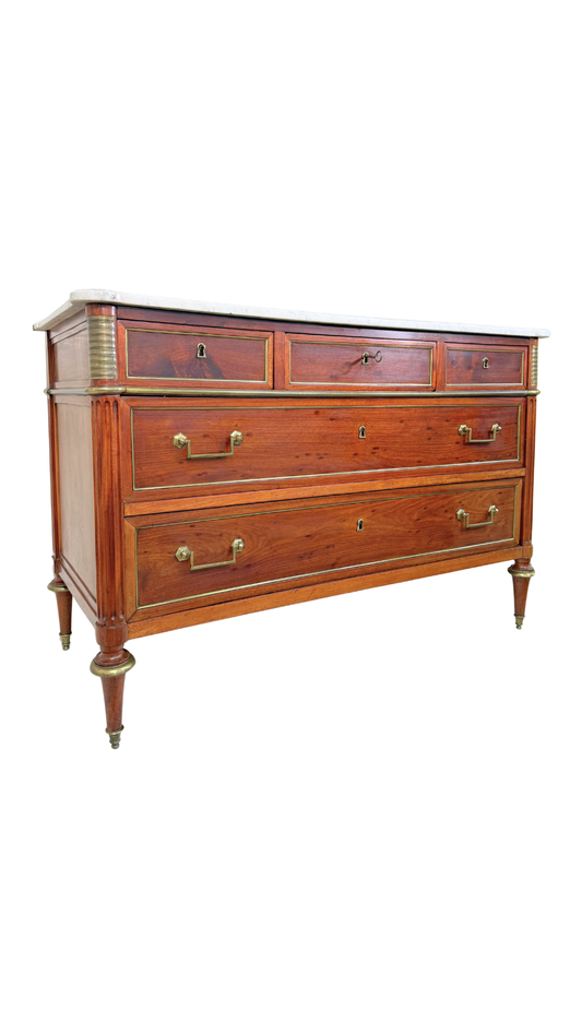 French Directoire Marble-Top Commode with Brass Inlay
