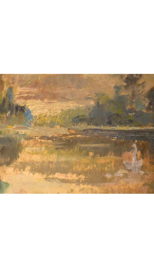 Signed French Impressionist River Landscape with Swan