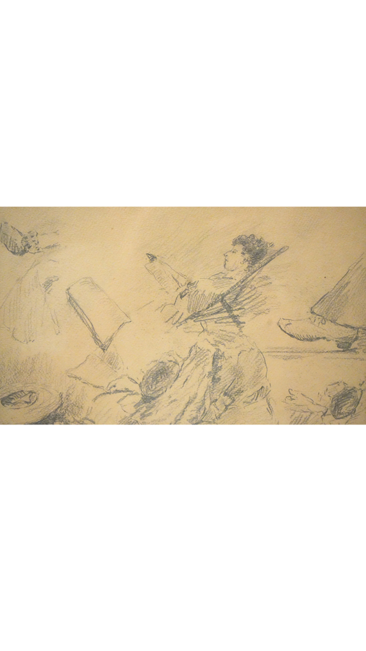 French Figural Sketch Woman Scene