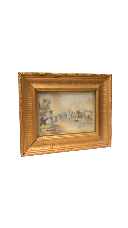 French River Landscape Watercolor in Gilt Frame