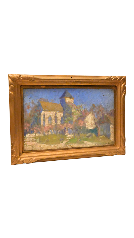 French Church Landscape Oil Painting in Gilt Frame