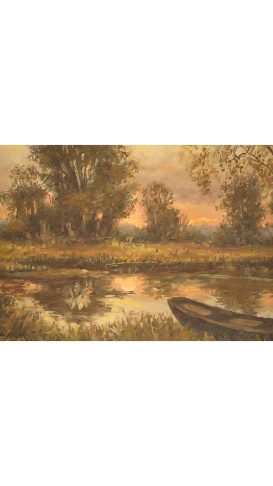 Landscape Panel Painting with River & Boat