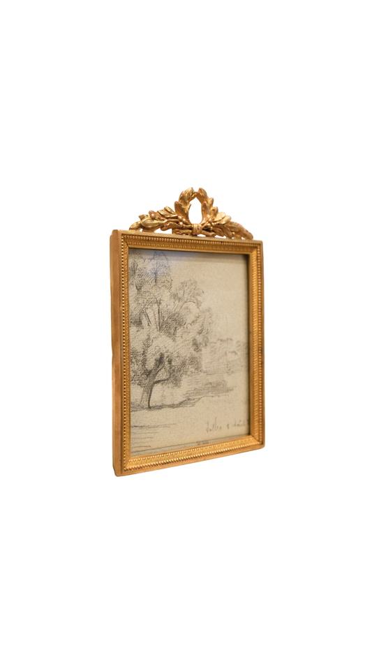 Antique French Gilt Frame with Hand-Paired Landscape Drawing