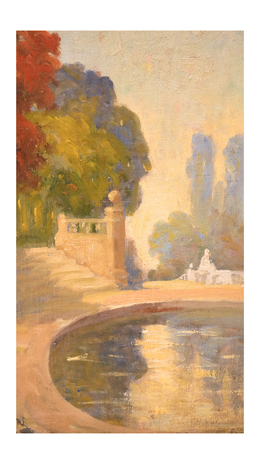 Antique French Garden Landscape Painting, Signed Gaston