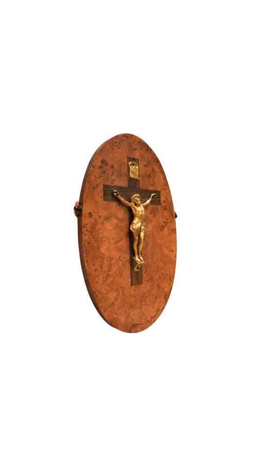 Antique French Burl Wood Crucifix Devotional Panel