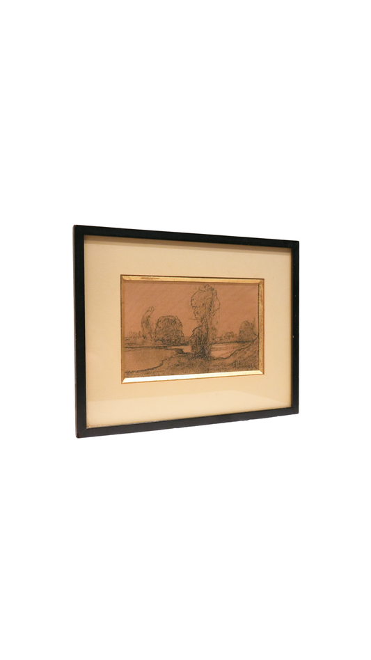 Antique French Charcoal Landscape Drawing in Ebonized Frame