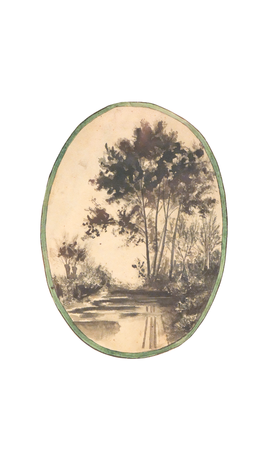 Antique French Oval Watercolor Landscape in Gilt Frame