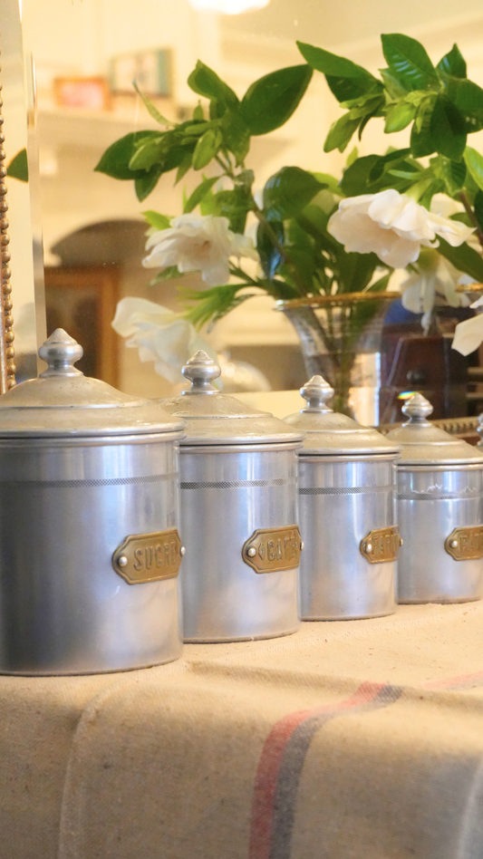 French Nesting Kitchen Canister Set with Brass Labels