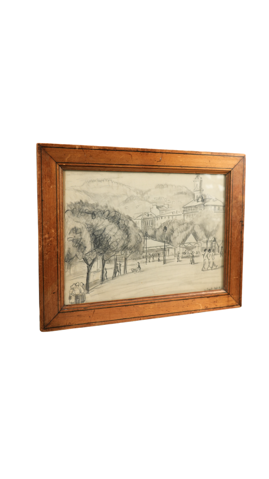 Framed 1945 French Charcoal Street Scene