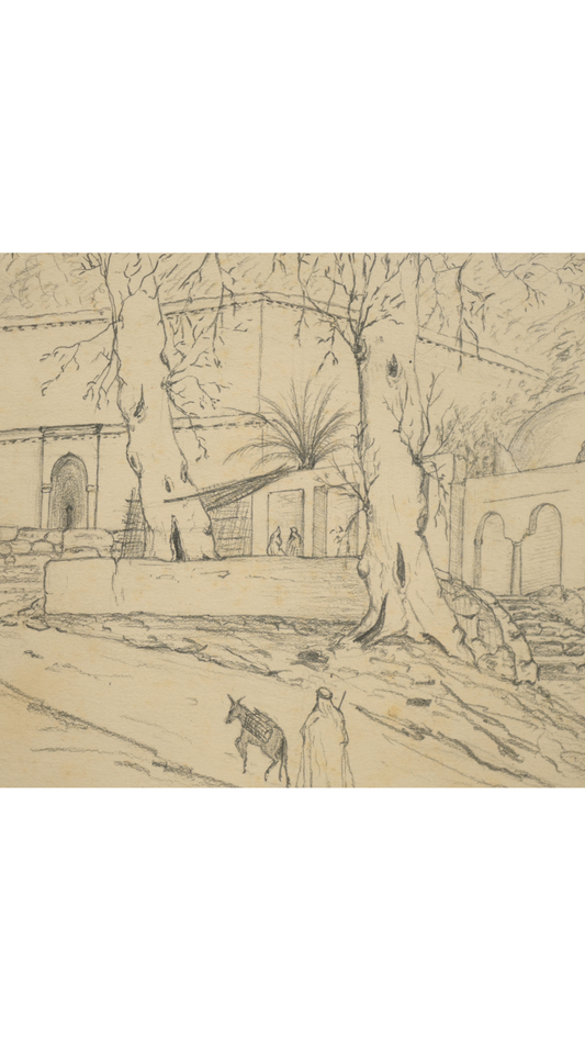 Antique French Pencil Drawing of Café des Platanes, Jardin d’Essai