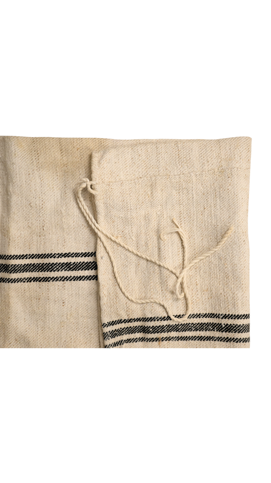 Antique French Black-Stripe Hemp Linen Grain Sack Textile
