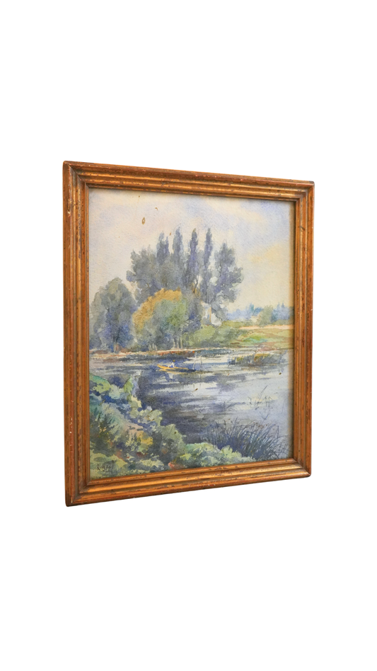 Vintage Watercolor River Landscape with Boat