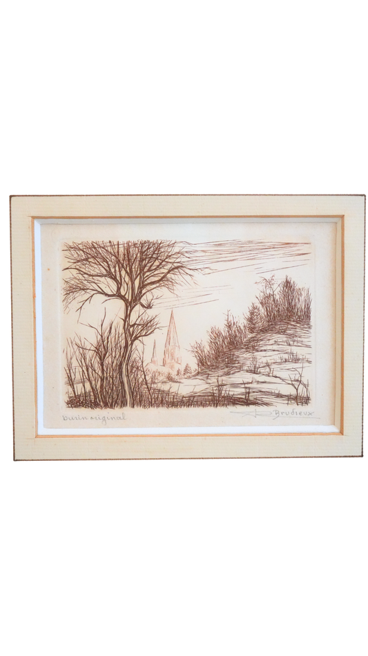 Framed French Original Etching by Brudieux, “Paysage”