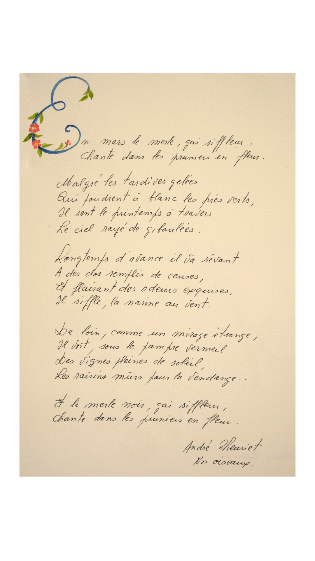 Original Botanical Watercolor of Prunus Pissardii with French Poem Verso