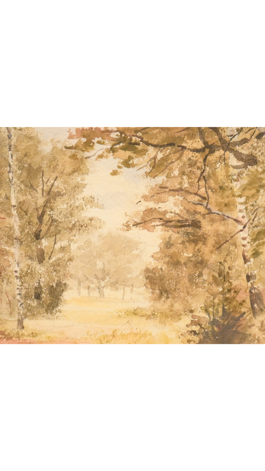 Signed French Woodland Watercolor in Gilt Frame