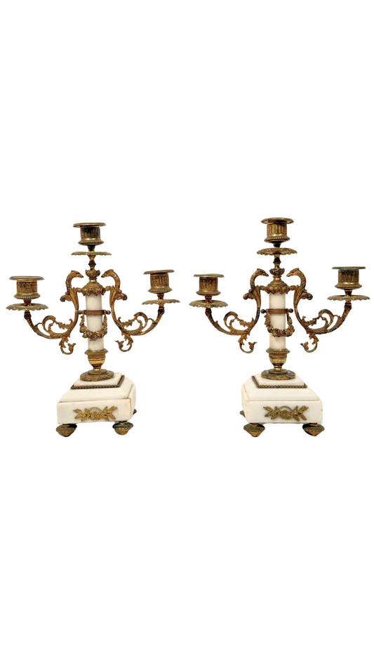 Empire Style Gilt Bronze & Marble Candelabra Pair