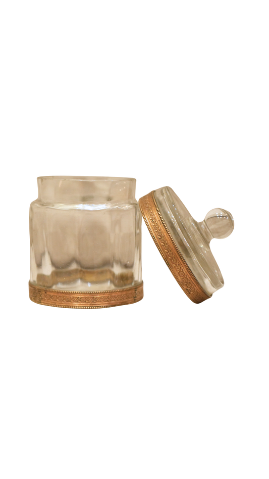Antique French Glass Vanity Jar with Brass Mounts and Lid