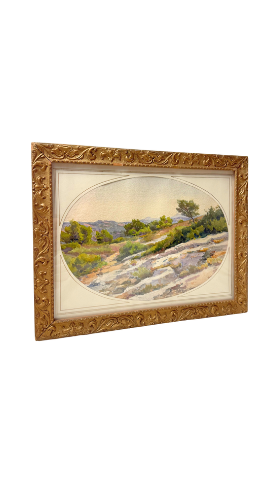 Framed Landscape Watercolor in Gilt Scroll Frame