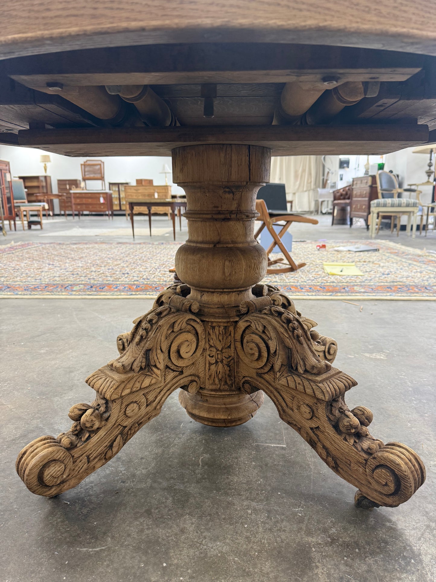 Bleached Carved Extension Dining Table with Center Pedestal Base