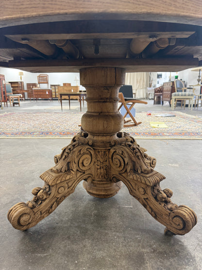 Bleached Carved Extension Dining Table with Center Pedestal Base
