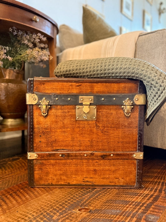 French Brass-Bound Traveling Chest with Patented Lock