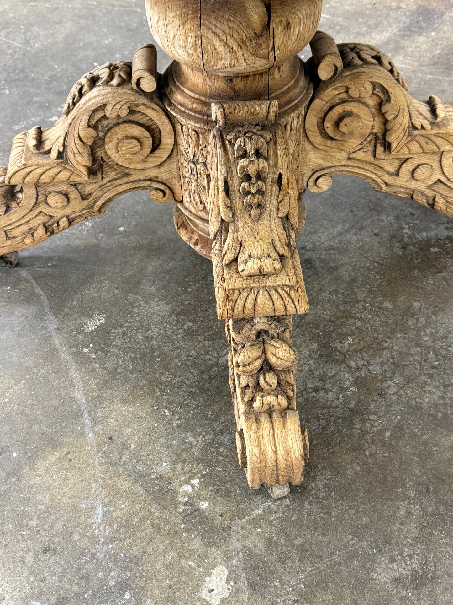 Bleached Carved Extension Dining Table with Center Pedestal Base