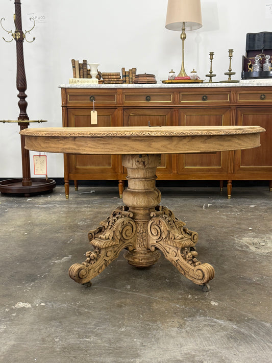 Bleached Carved Extension Dining Table with Center Pedestal Base