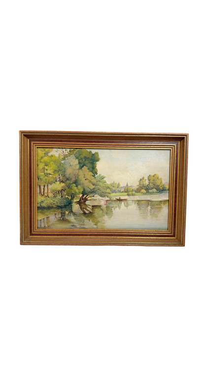 Vintage French Landscape Pond Painting