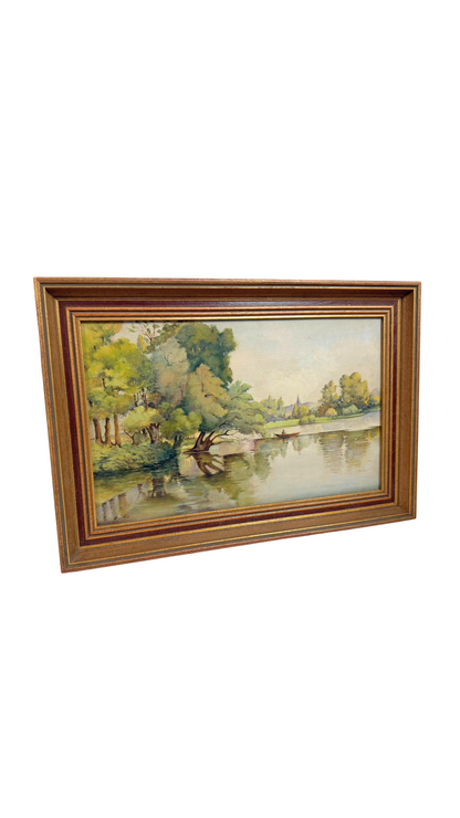 Vintage French Landscape Pond Painting