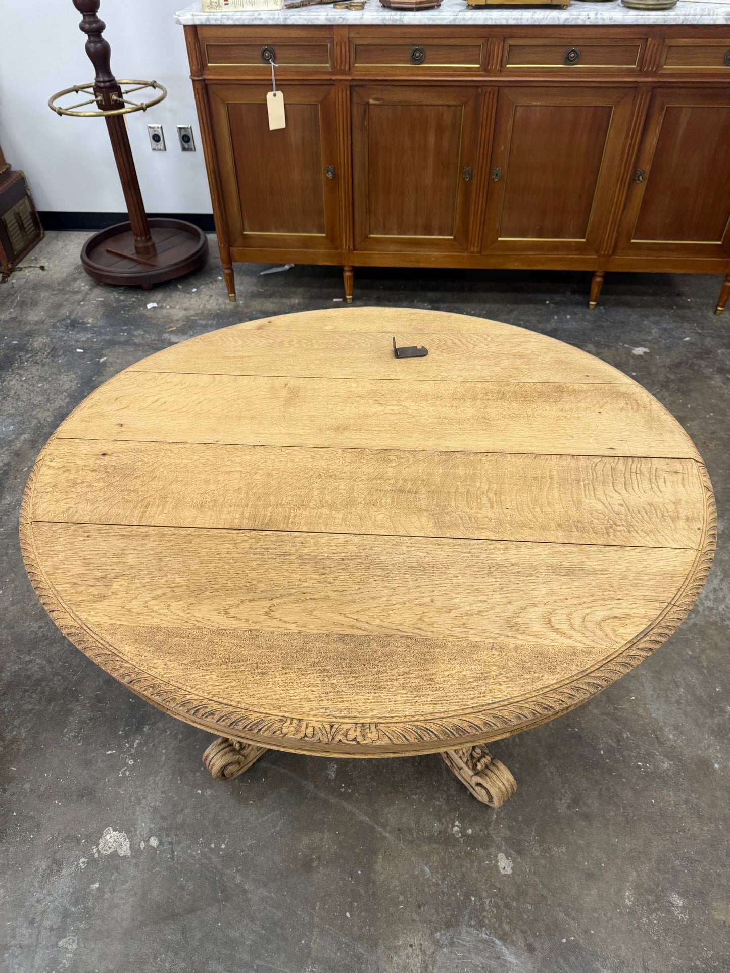 Bleached Carved Extension Dining Table with Center Pedestal Base