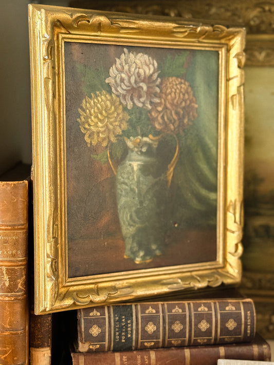 French Floral Oil Painting in Gilt Frame