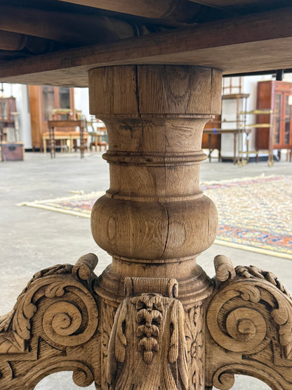 Bleached Carved Extension Dining Table with Center Pedestal Base