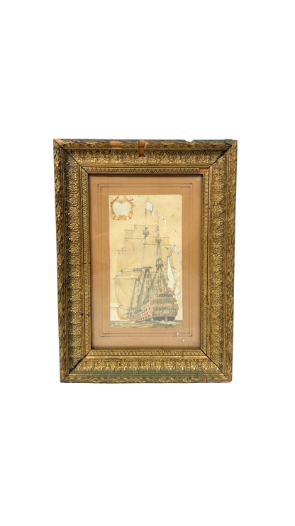 French Maritime Watercolor in Gilt Frame
